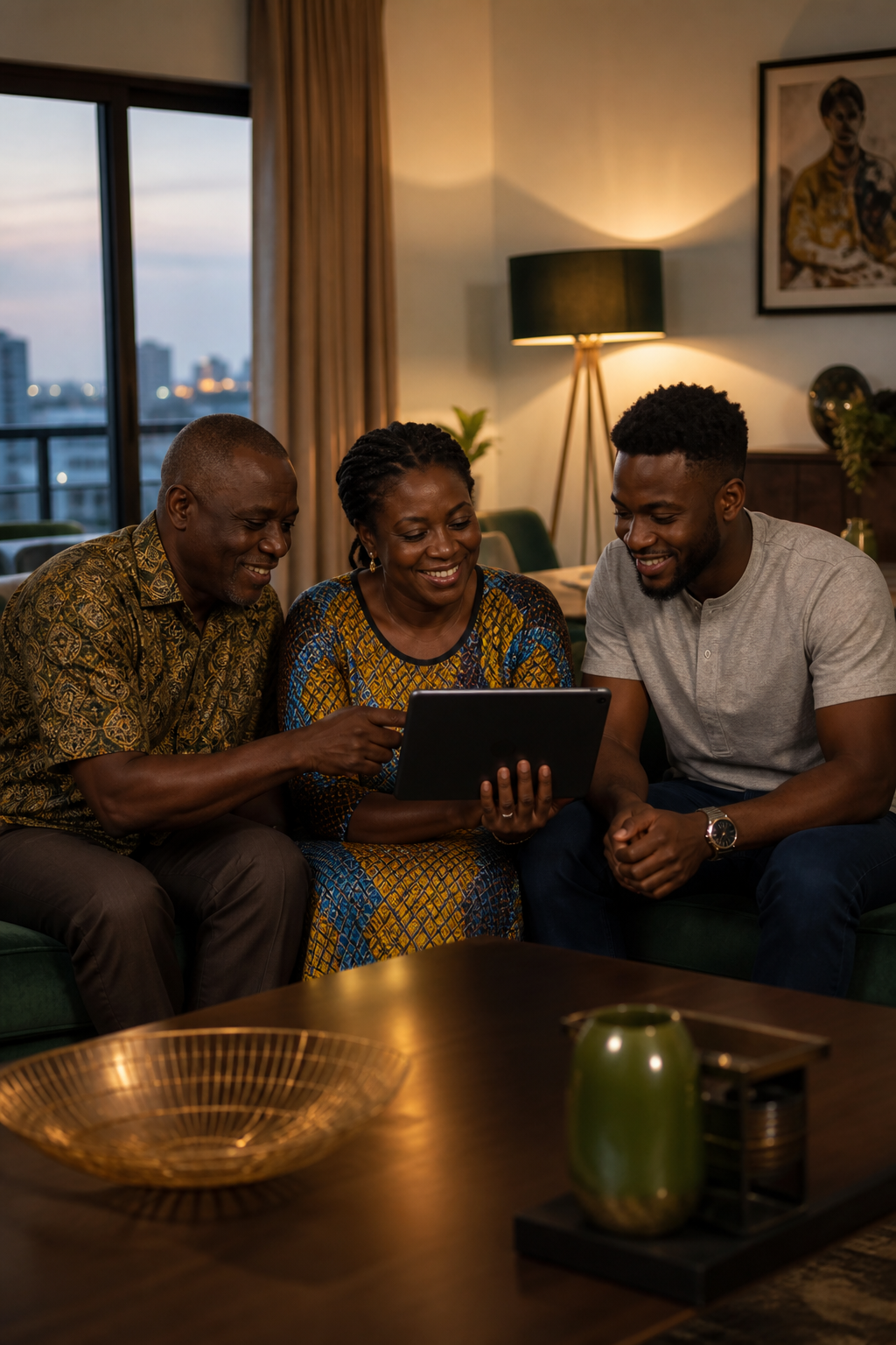 Ghanaian family reviewing a shared savings plan